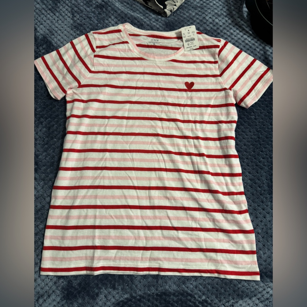 J. Crew Red and White Striped Collector Tee with Heart
